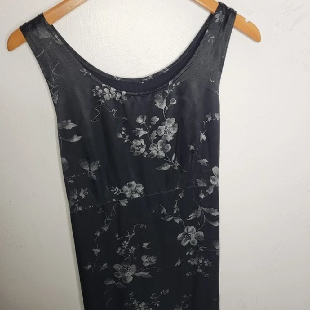 Maxi Dress Satin Black Silver Floral‎ Size Small Empire Waist Whimsygoth Fairy